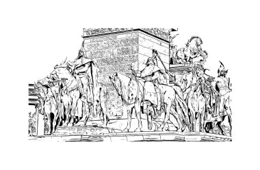 Macaristan 'ın başkenti Budapeşte' nin simgesi olan Print Building view 'dir. Vektörde elle çizilmiş çizim çizimi.