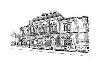 Macaristan 'ın başkenti Budapeşte' nin simgesi olan Print Building view 'dir. Vektörde elle çizilmiş çizim çizimi.