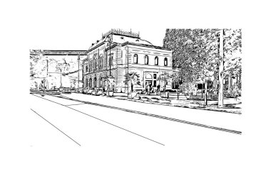 Macaristan 'ın başkenti Budapeşte' nin simgesi olan Print Building view 'dir. Vektörde elle çizilmiş çizim çizimi.