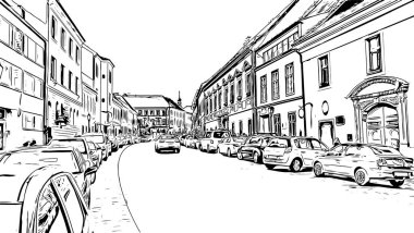 Macaristan 'ın başkenti Budapeşte' nin simgesi olan Print Building view 'dir. Vektörde elle çizilmiş çizim çizimi.