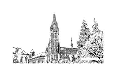 Macaristan 'ın başkenti Budapeşte' nin simgesi olan Print Building view 'dir. Vektörde elle çizilmiş çizim çizimi.