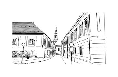 Macaristan 'ın başkenti Budapeşte' nin simgesi olan Print Building view 'dir. Vektörde elle çizilmiş çizim çizimi.