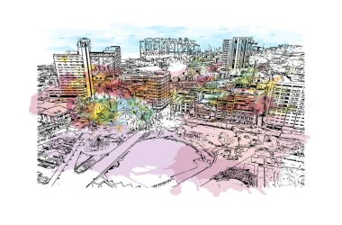 Buenaventura 'nın simgesi olan Print Building View Kolombiya' da bir şehirdir. Vektörde elle çizilmiş resim ile suluboya sıçraması.