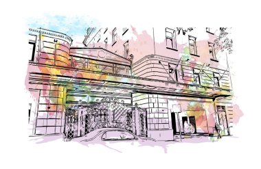 Print Building View Buenos Aires Arjantin 'in başkentidir. Vektörde elle çizilmiş resim ile suluboya sıçraması.