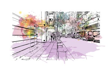 Print Building View Buenos Aires Arjantin 'in başkentidir. Vektörde elle çizilmiş resim ile suluboya sıçraması.