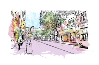 Print Building View Buenos Aires Arjantin 'in başkentidir. Vektörde elle çizilmiş resim ile suluboya sıçraması.