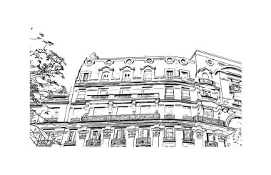 Print Building View Buenos Aires Arjantin 'in başkentidir. Vektörde elle çizilmiş çizim çizimi.