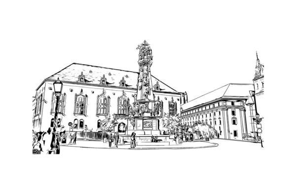 Print Building Näkymä Budapestin Maamerkillä Unkarin Pääkaupunki Käsin Piirretty Piirros — vektorikuva