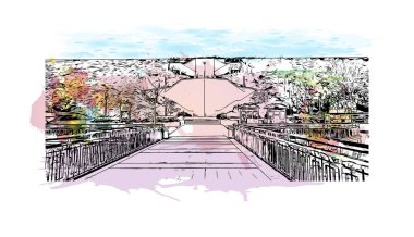 Burgaz 'ın simgesi olan Print Building, Bulgaristan' ın bir kentidir. Vektörde elle çizilmiş resim ile suluboya sıçraması.