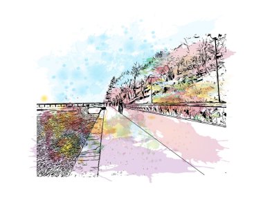 Burgaz 'ın simgesi olan Print Building, Bulgaristan' ın bir kentidir. Vektörde elle çizilmiş resim ile suluboya sıçraması.