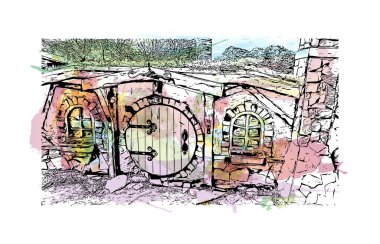 Burgaz 'ın simgesi olan Print Building, Bulgaristan' ın bir kentidir. Vektörde elle çizilmiş resim ile suluboya sıçraması.