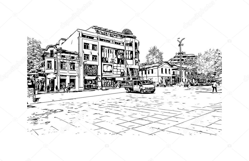Print Building view with landmark of Burgas is a city in Bulgaria. Hand drawn sketch illustration in vector.