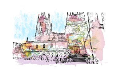 Burgos 'un simgesi olan Print Building View, İspanya' nın başkentidir. Vektörde elle çizilmiş resim ile suluboya sıçraması.