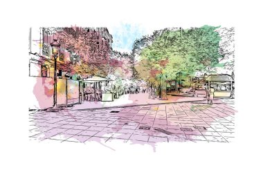 Burgos 'un simgesi olan Print Building View, İspanya' nın başkentidir. Vektörde elle çizilmiş resim ile suluboya sıçraması.