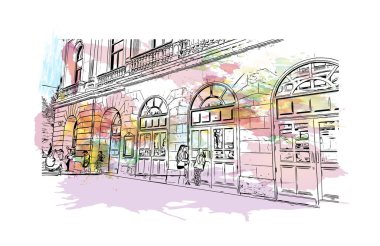 Burgos 'un simgesi olan Print Building View, İspanya' nın başkentidir. Vektörde elle çizilmiş resim ile suluboya sıçraması.