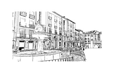 Burgos 'un simgesi olan Print Building View, İspanya' nın başkentidir. Vektörde elle çizilmiş çizim çizimi.