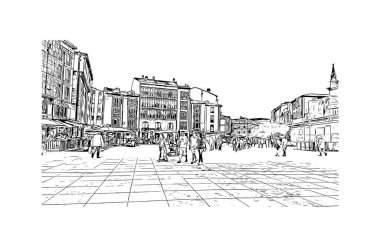 Burgos 'un simgesi olan Print Building View, İspanya' nın başkentidir. Vektörde elle çizilmiş çizim çizimi.