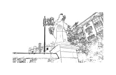 Burgos 'un simgesi olan Print Building View, İspanya' nın başkentidir. Vektörde elle çizilmiş çizim çizimi.