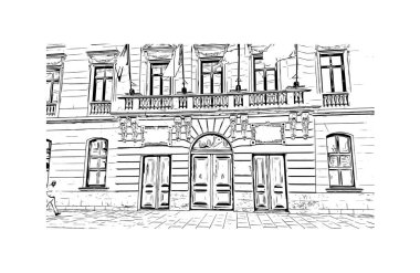 Burgos 'un simgesi olan Print Building View, İspanya' nın başkentidir. Vektörde elle çizilmiş çizim çizimi.