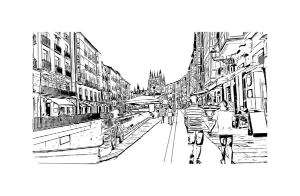 Stampa Vista Edificio Con Punto Riferimento Burgos Città Spagna Illustrazione — Vettoriale Stock