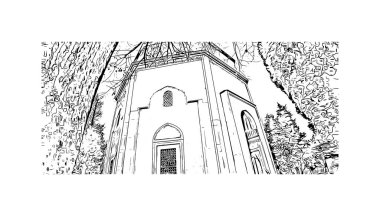 Print Building view with landmark of Bursa, Türkiye 'nin kuzeybatısında büyük bir şehirdir. Vektörde elle çizilmiş çizim çizimi.