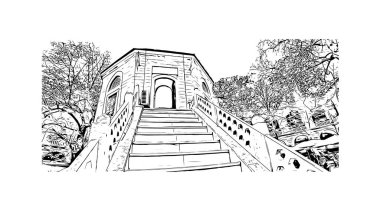 Print Building view with landmark of Bursa, Türkiye 'nin kuzeybatısında büyük bir şehirdir. Vektörde elle çizilmiş çizim çizimi.