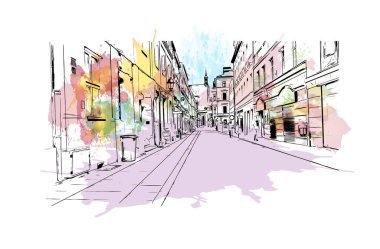 Bydgoszcz, Polonya 'da bir şehirdir. Vektörde elle çizilmiş resim ile suluboya sıçraması.