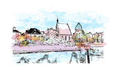 Bydgoszcz, Polonya 'da bir şehirdir. Vektörde elle çizilmiş resim ile suluboya sıçraması.