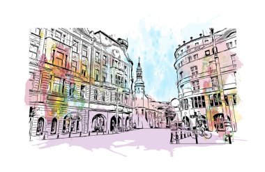 Bydgoszcz, Polonya 'da bir şehirdir. Vektörde elle çizilmiş resim ile suluboya sıçraması.