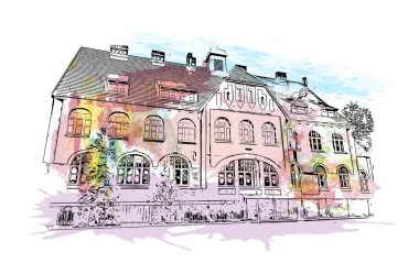 Bydgoszcz, Polonya 'da bir şehirdir. Vektörde elle çizilmiş resim ile suluboya sıçraması.