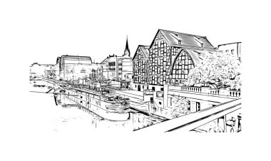 Bydgoszcz, Polonya 'da bir şehirdir. Vektörde elle çizilmiş çizim çizimi.