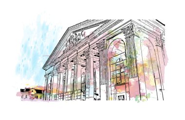 Print Building view of Chernihiv, Ukrayna 'nın kuzeyinde bir şehirdir. Vektörde elle çizilmiş resim ile suluboya sıçraması.