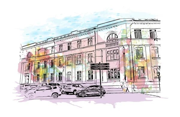 Print Building view of Chernihiv, Ukrayna 'nın kuzeyinde bir şehirdir. Vektörde elle çizilmiş resim ile suluboya sıçraması.