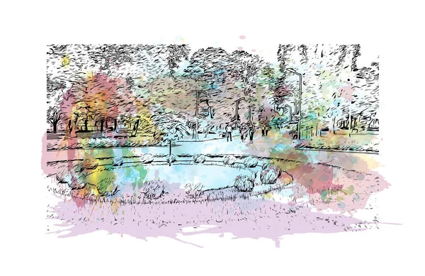 Print Building view of Chernihiv, Ukrayna 'nın kuzeyinde bir şehirdir. Vektörde elle çizilmiş resim ile suluboya sıçraması.