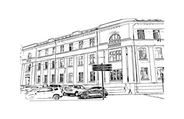 Print Building view of Chernihiv, Ukrayna 'nın kuzeyinde bir şehirdir. Vektörde elle çizilmiş çizim çizimi.