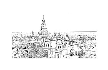 Print Building view of Chernihiv, Ukrayna 'nın kuzeyinde bir şehirdir. Vektörde elle çizilmiş çizim çizimi.