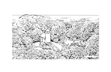 Chemnitz 'in simgesi olan Print Building View, Almanya' nın başkentidir. Vektörde elle çizilmiş çizim çizimi.