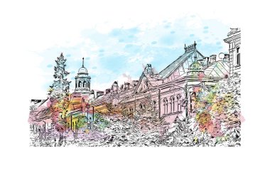 Print Building view of Chernivtsi, Ukrayna 'nın batısında bir şehirdir. Vektörde elle çizilmiş resim ile suluboya sıçraması.