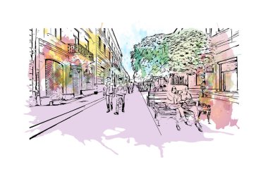 Print Building view of Chernivtsi, Ukrayna 'nın batısında bir şehirdir. Vektörde elle çizilmiş resim ile suluboya sıçraması.