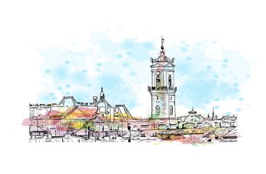 Print Building view of Chernivtsi, Ukrayna 'nın batısında bir şehirdir. Vektörde elle çizilmiş resim ile suluboya sıçraması.