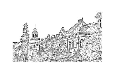 Print Building view of Chernivtsi, Ukrayna 'nın batısında bir şehirdir. Vektörde elle çizilmiş çizim çizimi.