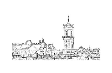 Print Building view of Chernivtsi, Ukrayna 'nın batısında bir şehirdir. Vektörde elle çizilmiş çizim çizimi.
