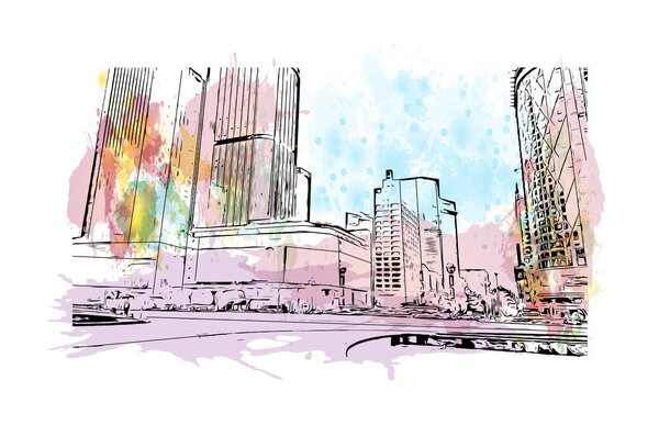 Print Building view with landmark of Chengdu is the capital of southwestern China. Watercolor splash with hand drawn sketch illustration in vector.