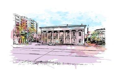 Chelyabinsk, Rusya 'da bir şehirdir. Vektörde elle çizilmiş resim ile suluboya sıçraması.