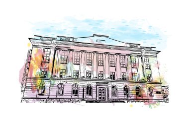 Chelyabinsk, Rusya 'da bir şehirdir. Vektörde elle çizilmiş resim ile suluboya sıçraması.