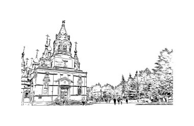 Chelyabinsk, Rusya 'da bir şehirdir. Vektörde elle çizilmiş çizim çizimi.