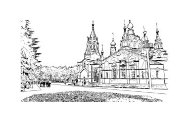 Chelyabinsk, Rusya 'da bir şehirdir. Vektörde elle çizilmiş çizim çizimi.