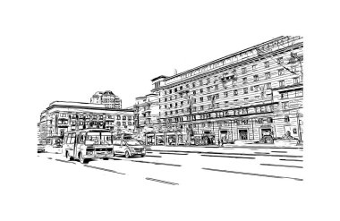 Chelyabinsk, Rusya 'da bir şehirdir. Vektörde elle çizilmiş çizim çizimi.