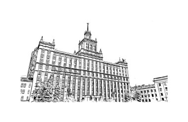 Chelyabinsk, Rusya 'da bir şehirdir. Vektörde elle çizilmiş çizim çizimi.