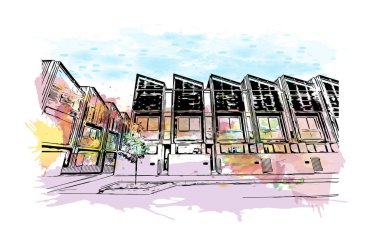 Christchurch 'ün simgesi olan Print Building View Yeni Zelanda' da yer almaktadır. Vektörde elle çizilmiş resim ile suluboya sıçraması.